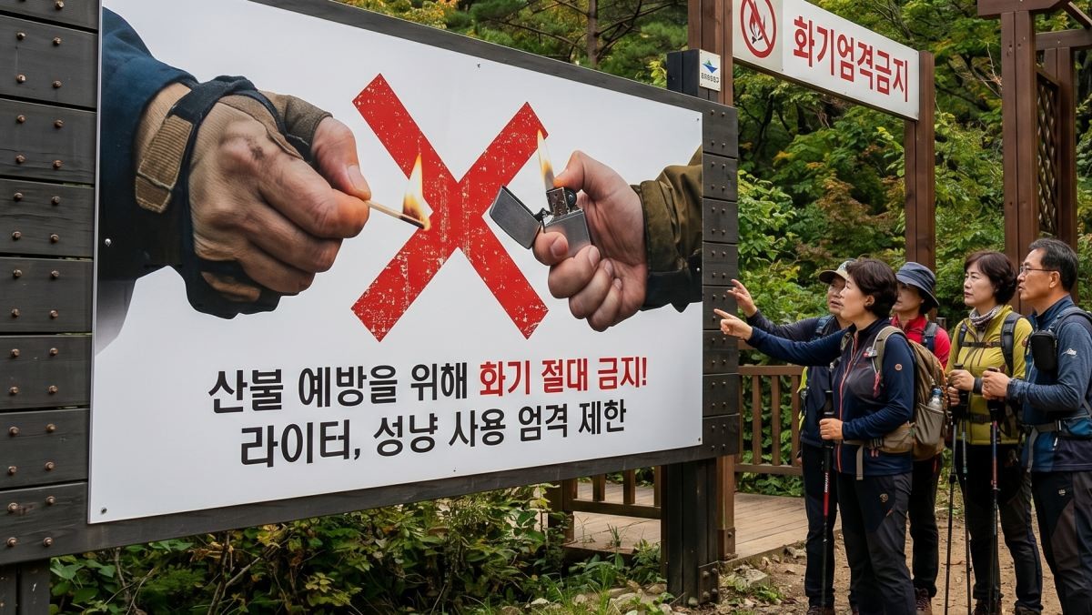 산불 예방 위해 라이터, 성냥 사용을 엄격 제한한다는 표지판. AI가 생성한 자료사진.
