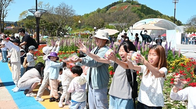 축제장을 찾은 방문객들이 직접 나비를 날려보는 체험을 하고있다. / 노해섭 기자