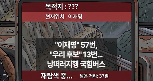 [만평] "이재명" 57번, "우리 후보" 13번... 낭떠러지행 국힘버스