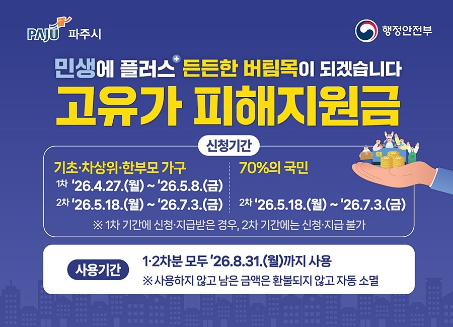 파주시, '고유가 피해지원금' 1차 대상 신청 접수 개시