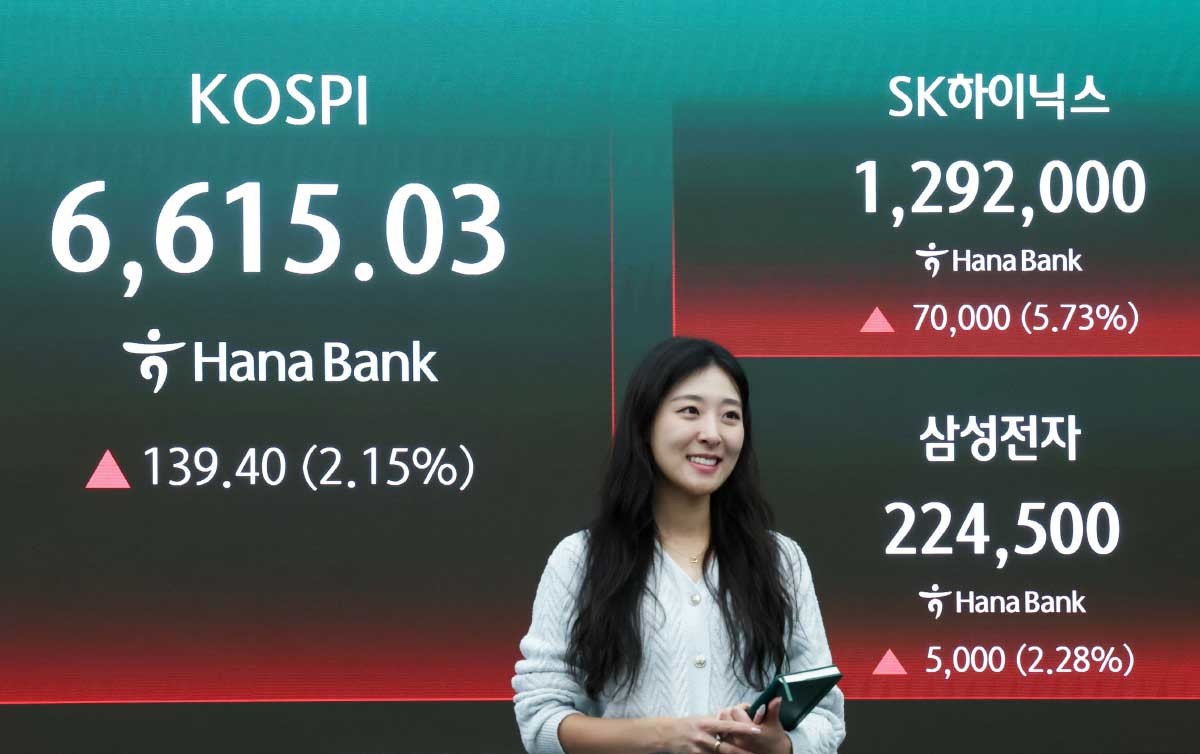 SK하이닉스 5% 넘게 상승 마감. 코스피가 종가 기준 사상 최고치를 경신한 27일 오후 서울 중구 하나은행 딜링룸 전광판에 삼성전자, SK하이닉스 종가가 표시되고 있다. 코스피는 전 거래일 대비 139.40포인트(2.15%) 오른 6615.03에, 코스닥은 22.34포인트(1.86%) 상승한 1226.18에 장을 마쳤다. / 뉴스1