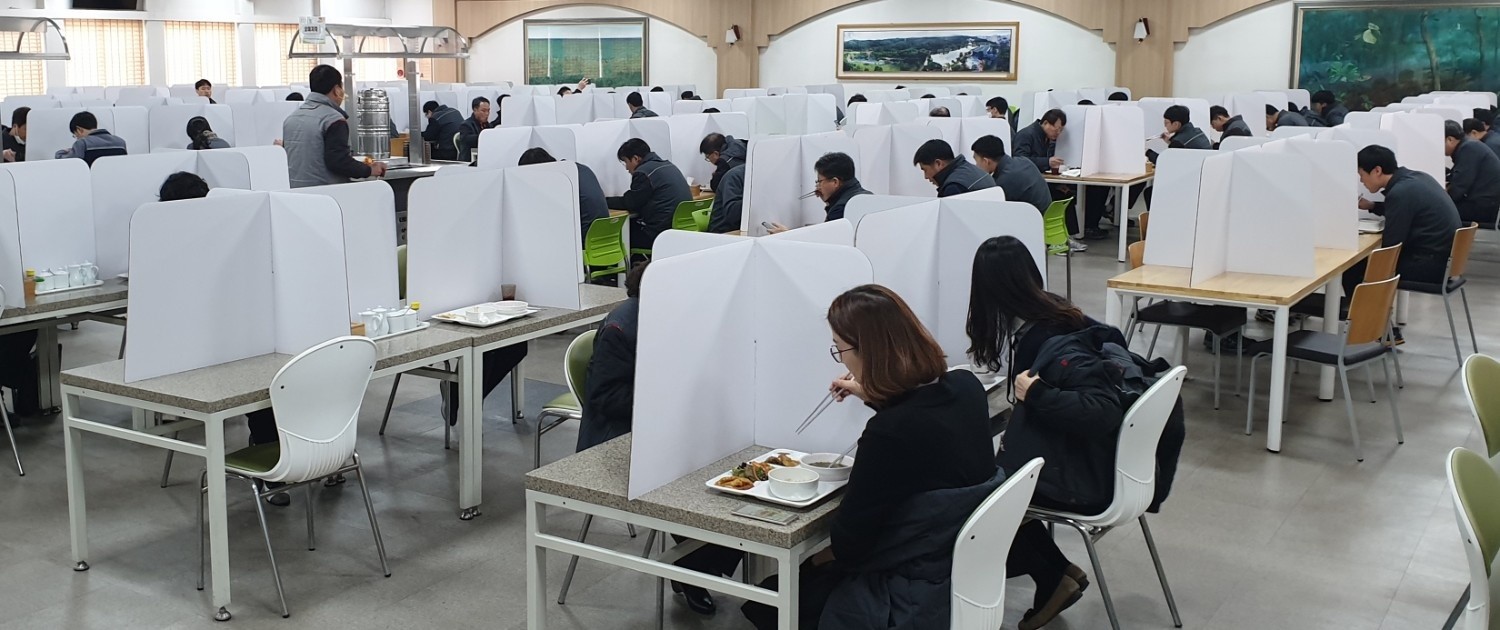 칸막이가 설치된 공간에서 각자 식사를 하는 직장인들의 모습. 타인과의 접촉을 최소화하면서도 편안하게 혼밥을 즐길 수 있는 환경이 마련되고 있다. / 뉴스1