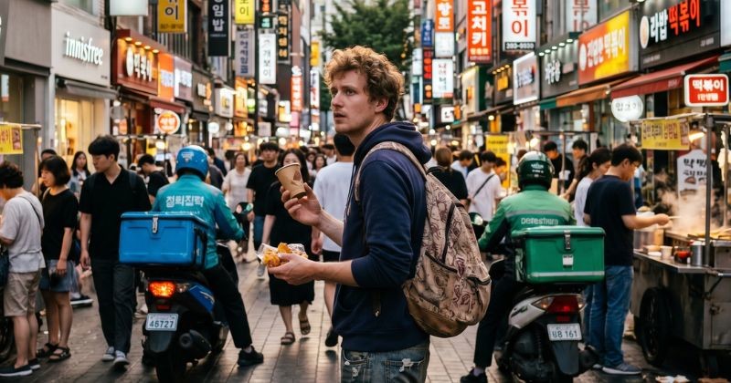 번화한 한국의 거리에서 다 마신 컵과 쓰레기를 손에 든 채 쓰레기통이나 앉을 곳을 찾아 헤매는 외국인 여행객의 모습 / AI가 생성한 자료사진