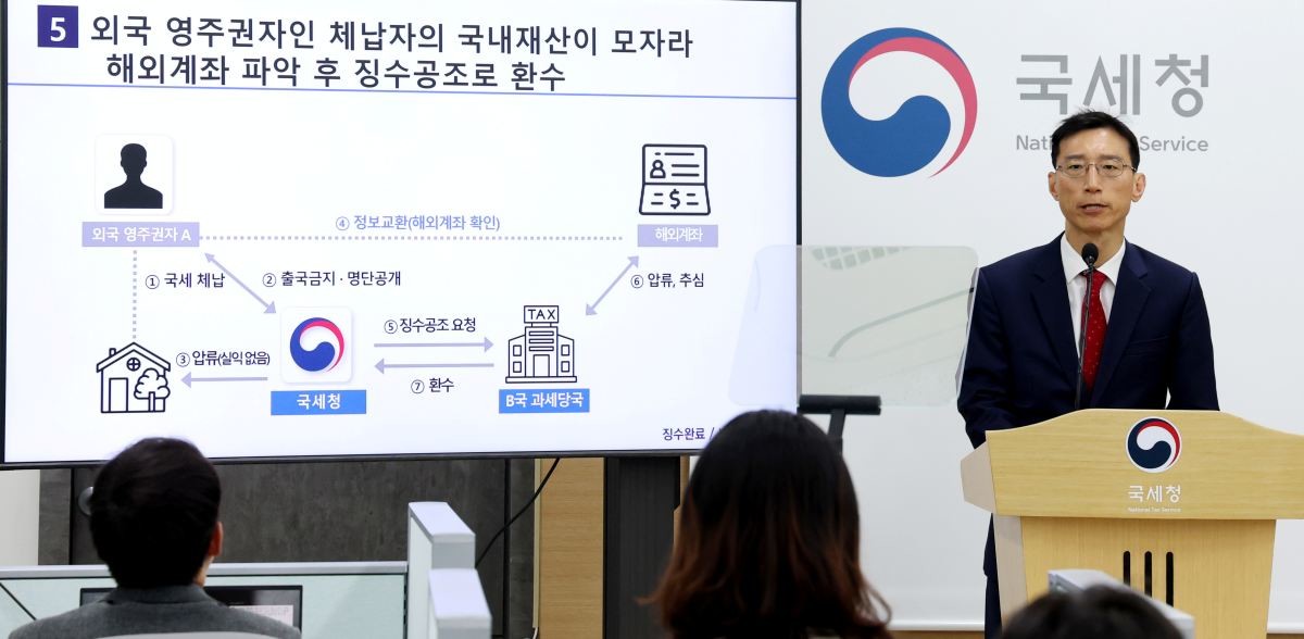 한창목 국세청 국제조세관리관이 지난 27일 세종시 정부세종청사에서 해외 재산으로부터의 체납세금 추적 및 환수 실적을 발표하고 있다. /  2026.4.27/뉴스1