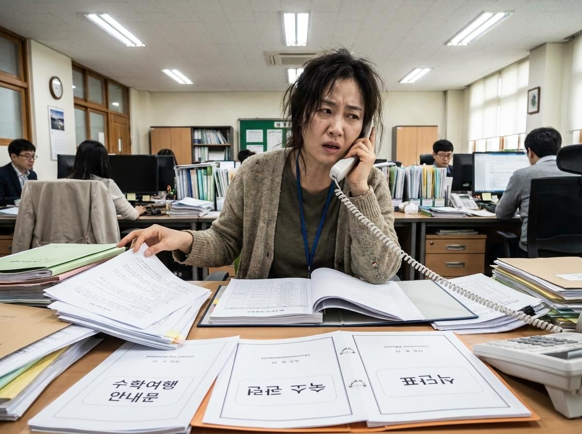 교사가 전화기를 붙들고 곤란한 표정으로 학부모의 민원 전화를 받고 있는 모습. 기사 내용 토대로 AI툴 활용해 제작한 자료사진.