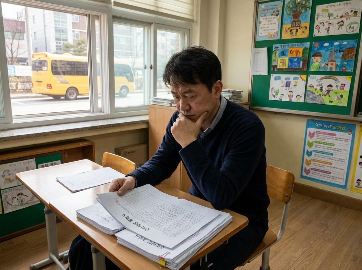 교사가 책상에 앉아 수학여행 계획 서류를 보며 깊은 고민에 빠져있는 모습. 교사가 책상에 앉아 수학여행 계획 서류를 보며 깊은 고민에 빠져있다.