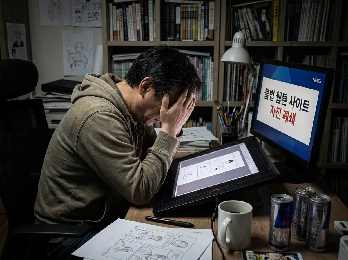 승리감보다는 허탈함과 분노가 서려 있는 웹툰 작가의 작업실 상황. 기사 내용 토대로 AI툴 활용해 제작한 자료사진.