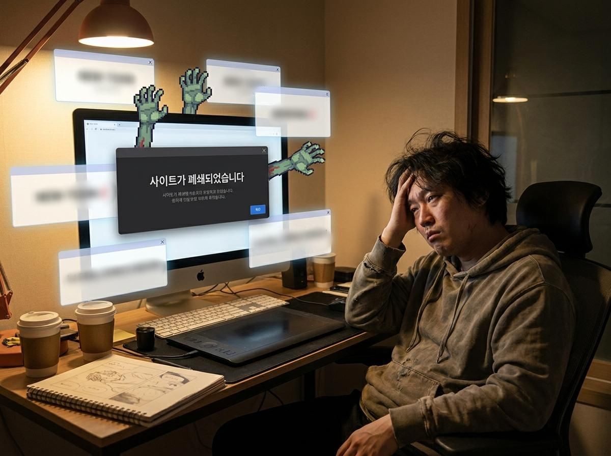한 창작자가 절망적인 표정으로 그 화면을 바라보고 있는 모습. 기사 내용 토대로 AI툴 활용해 제작한 자료사진.