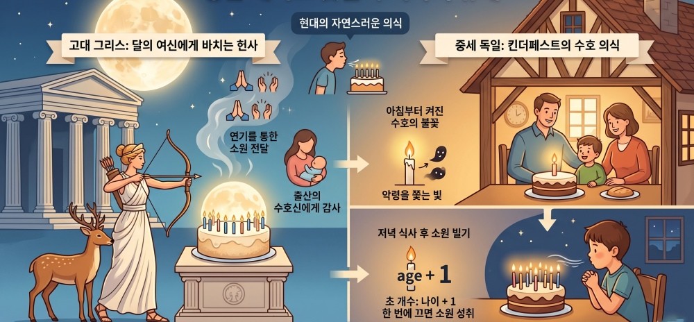 [인포그래픽] 기사를 바탕으로 AI가 생성한 인포그래픽 이미지. 생일날 케이크에 초를 꽂는 행위에 대해서는 크게 두 가지의 이야기가 거론된다.  그리스인들이 아르테미스를 기리기 위해 둥근 케이크를 구워 바치는 과정에서 기원되었다는 설과 중세 독일의 킨더페스트에서 유래했다는 이야기가 전해진다.     / 위키트리