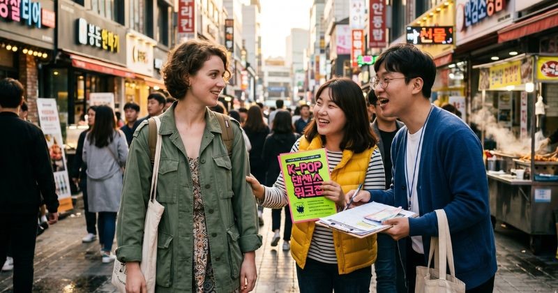 번화한 한국 거리에서 전단지와 클립보드를 든 낯선 사람들이 과하게 친절한 미소로 외국인 여성의 길을 막고 말을 거는 모습입니다. /  AI가 생성한 자료사진