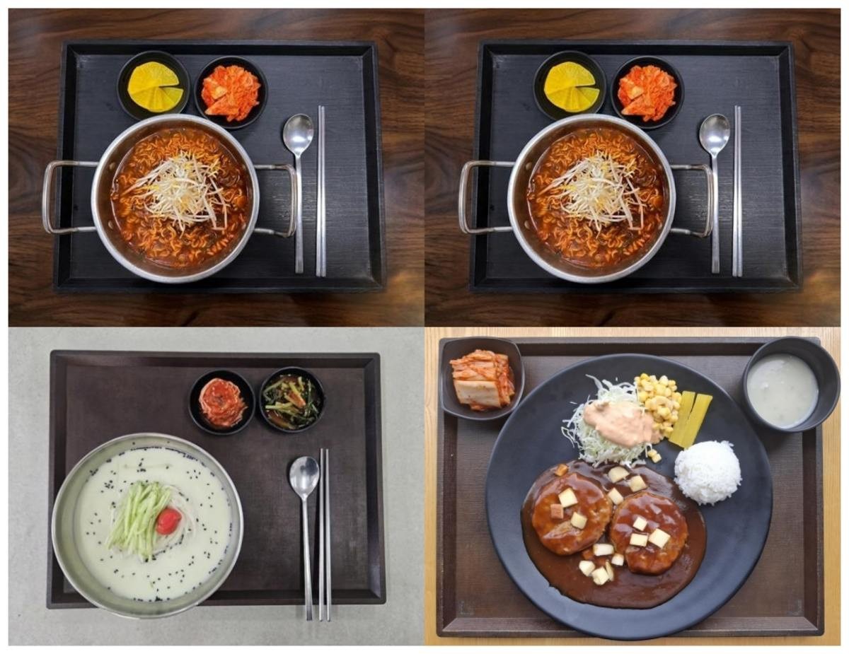 한국도로공사 충북본부 관할 고속도로 휴게소에서 선보이는 메뉴. 괴산매운고추라면(위), 서리태콩국수(아래 왼쪽), 사과함박스테이크(아래 오른쪽) 한국도로공사 충북본부 제공.