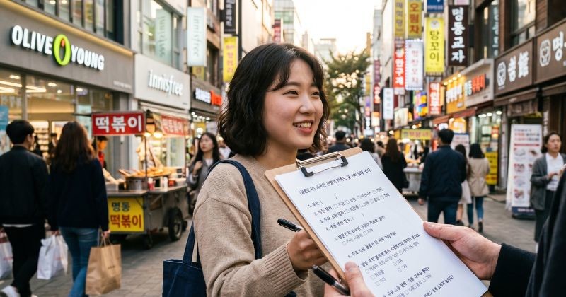 활기찬 명동 거리에서 한 여성이 웃으며 설문지가 고정된 클립보드를 내밀어 행인에게 설문 조사를 요청하고 있는 모습입니다. /  AI가 생성한 자료사진