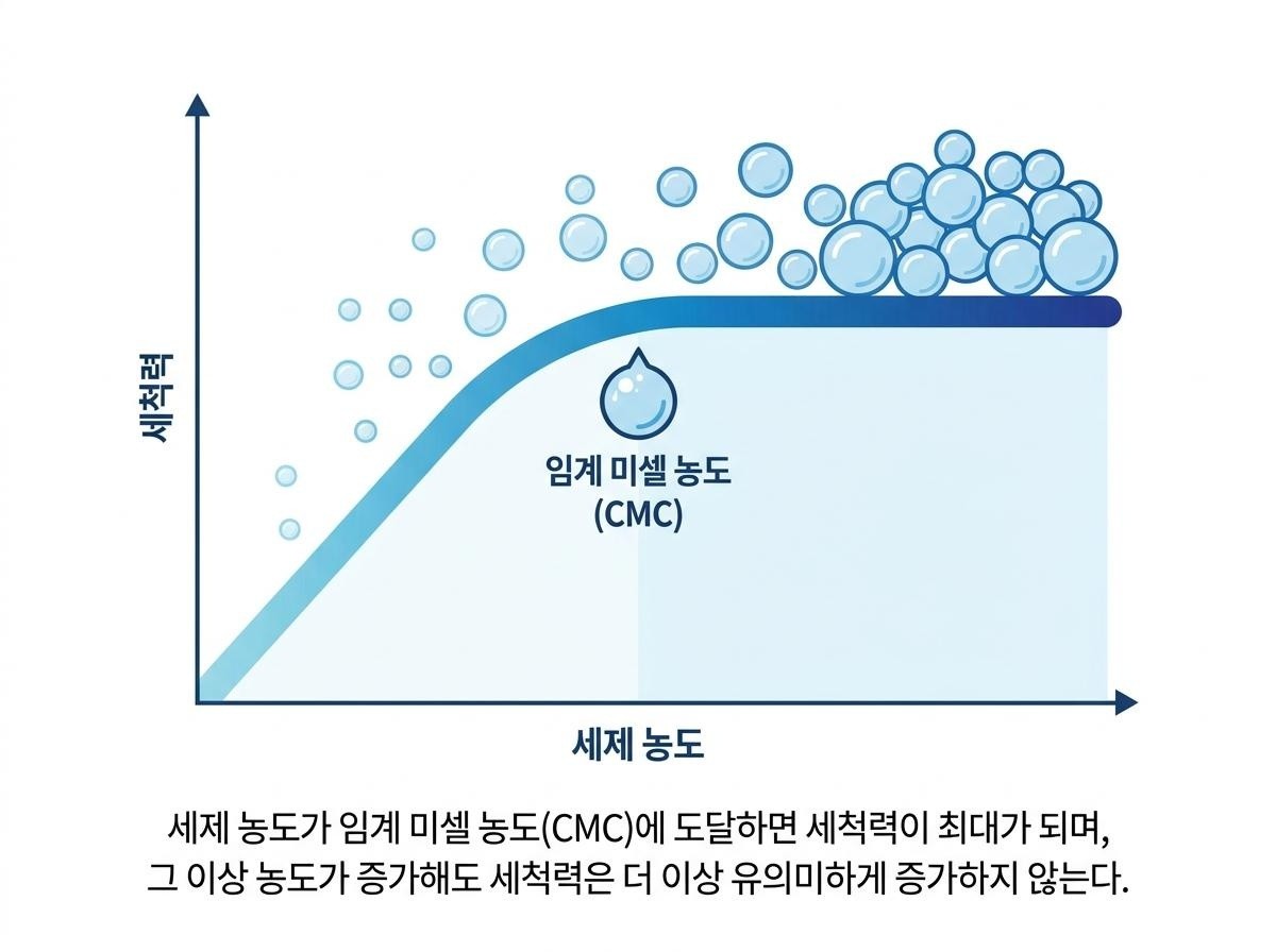 [인포그래픽] 세제 농도에 따른 세척력의 변화를 나타낸 그래프. AI 제작.