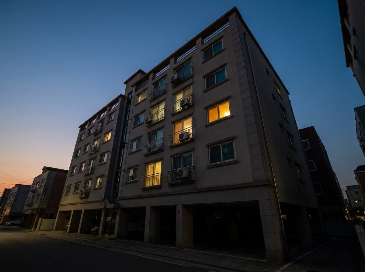 도심 외곽에 위치한 평범해 보이는 오피스텔 건물. 기사 내용 토대로 AI툴 활용해 제작한 자료사진.