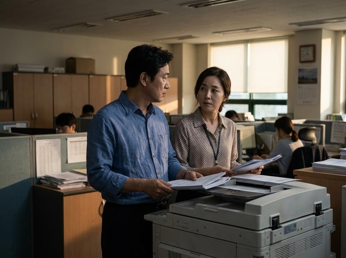 50대 초반의 남녀 직장 동료가 복사기 앞에서 서류를 정리하며 다른 사람들이 눈치채지 못하게 조심스러운 눈빛을 교환하고 있는 모습. 기사 내용 토대로 AI툴 활용해 제작한 자료사진.