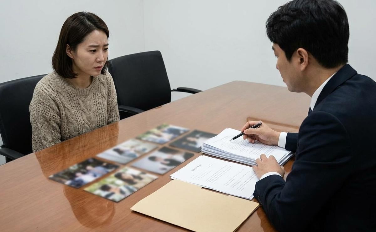 변호사 사무실 책상 위에 흐릿하게 처리된 사진 몇 장과 서류들이 놓여있는 모습. 기사 내용 토대로 AI툴 활용해 제작한 자료사진.