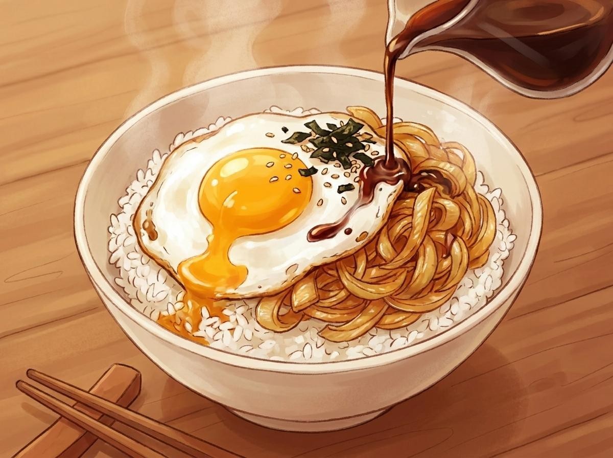 계란프라이에 양파와 간장을 더한 모습. AI툴로 생성한 자료사진.