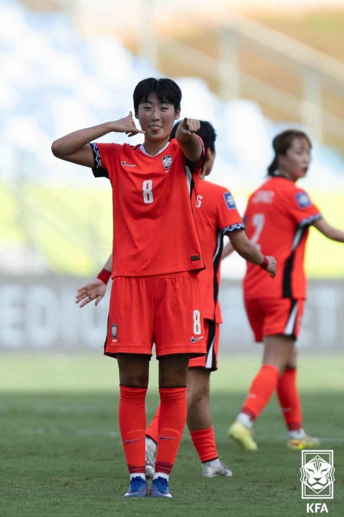 김신지(레인저스)가 '여자 스코티시 프리미어리그(SWPL) 올해의 팀'에 선정됐다.     사진은 여자축구대표팀 김신지가 14일(현지시간) 브라질 쿠이아바 아레나 판타날에서 열린 'FIFA 시리즈 2026' 2차전 캐나다와의 경기에서 골을 넣은 뒤 세리머니를 하고 있다. / 뉴스1-대한축구협회 제공