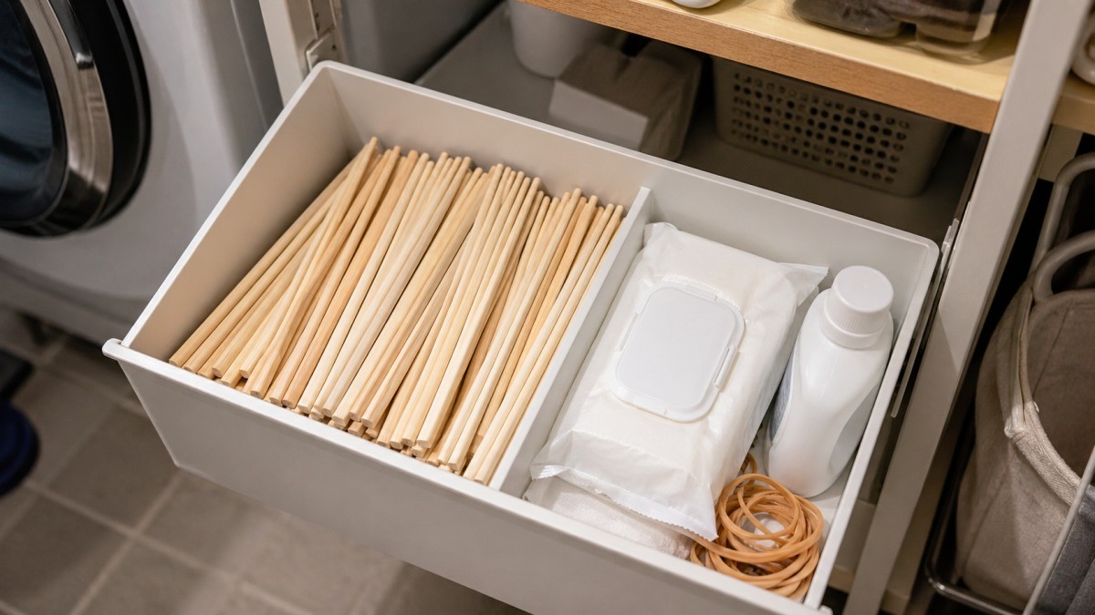 나무젓가락과 청소용품. 기사 이해를 돕기 위해 AI로 제작한 자료 이미지.