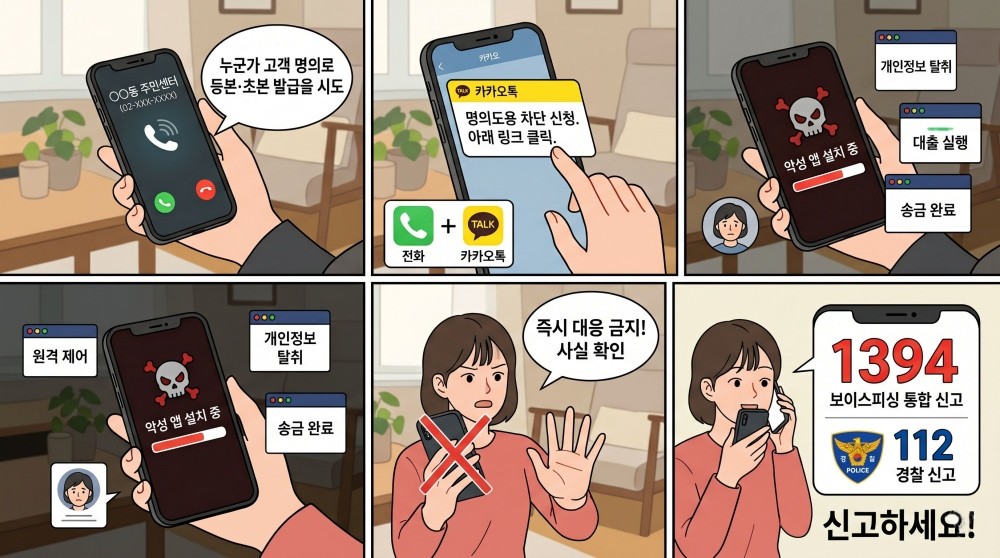 [만화] 기사를 바탕으로 AI툴로 생성한 만화. 공공기관 등을 사칭해 '누군가 등본·초본 발급을 시도 중'이라는 내용으로 한 피싱 수법 등이 발견되고 있다. / 위키트리