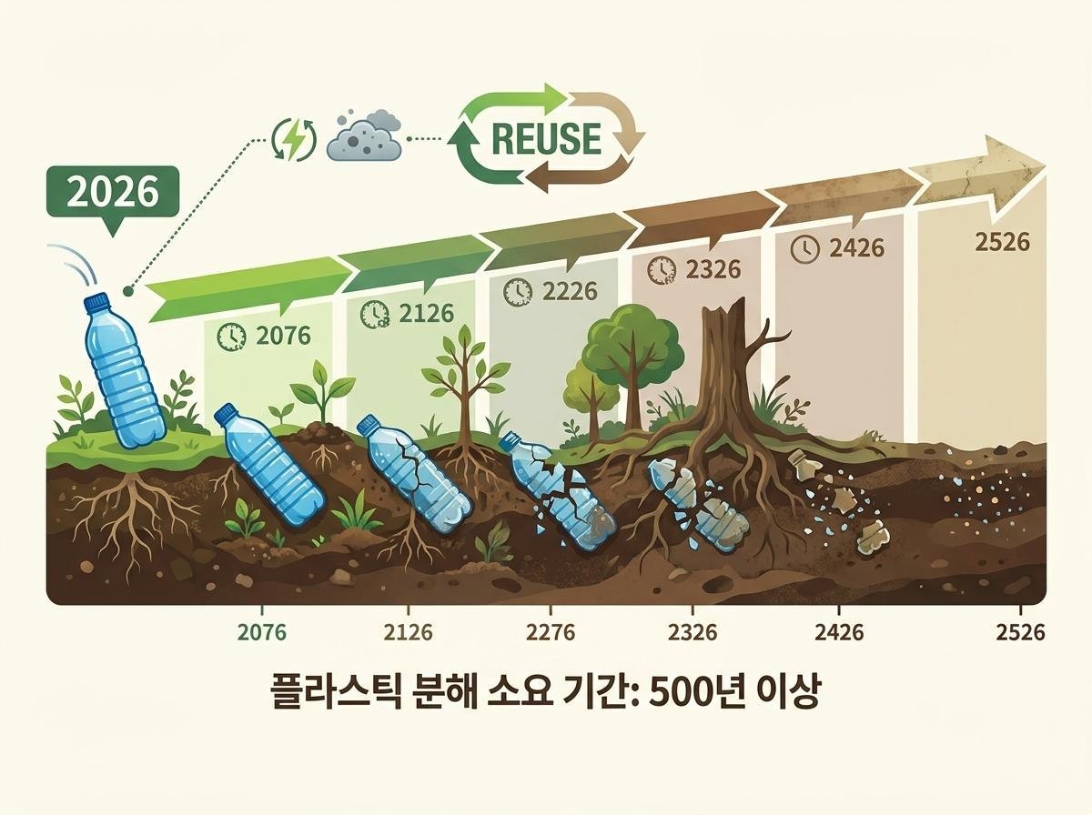[삽화] 플라스틱이 분해하는 데 걸리는 시간. AI로 생성한 이미지.