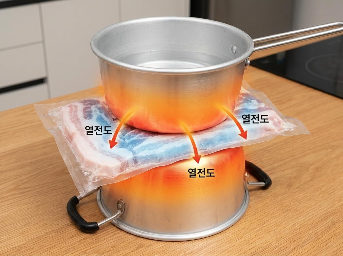 금속 냄비를 활용한 해동. 기사 이해를 돕기 위해 AI로 제작한 자료 이미지.