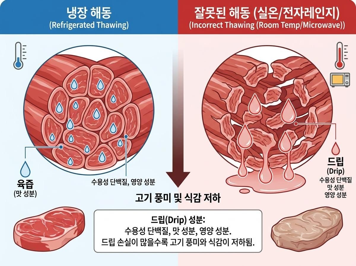 [삽화] 냉동 육류 해동 시 발생하는 '드립(Drip)' 현상. AI 제작.
