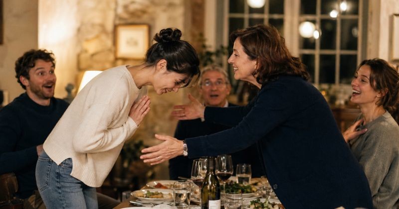 따뜻한 가족 식사 자리에서 친구 어머니는 포옹하려 다가오고, 한 여성은 무의식적으로 고개를 숙여 인사하면서 모두가 웃음 섞인 놀라움을 보이는 순간을 담은 이미지다. / AI가 생성한 자료사진