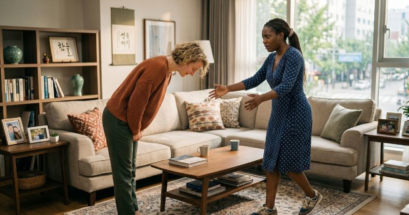 거실에서 한 외국인은 고개를 숙여 인사하고, 다른 외국인은 당황하며 안아주려 하고 있어요 / AI가 생성한 자료사진