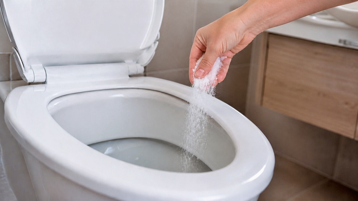 변기에 소금을 뿌리고 있다. 기사 이해를 돕기 위해 AI로 제작한 자료 이미지.