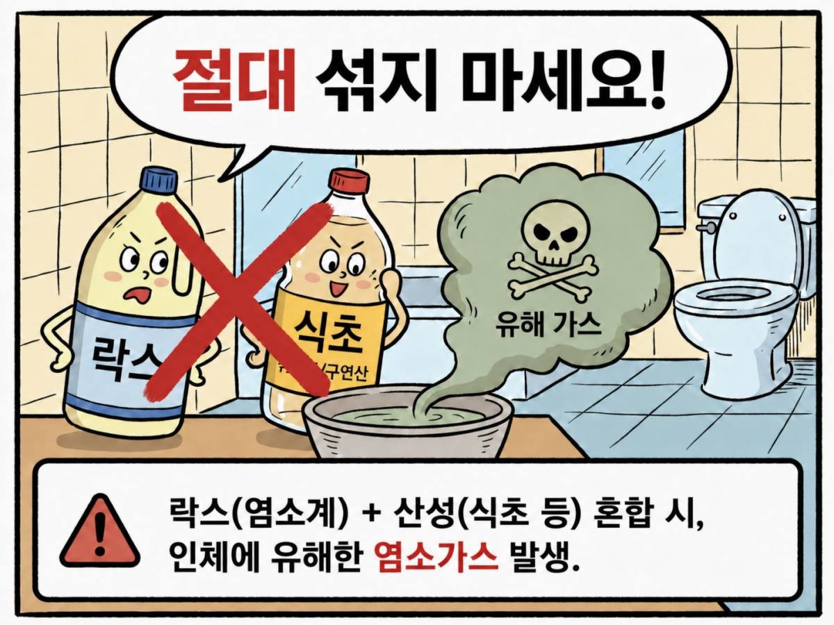 [삽화] 락스와 산성 물질은 절대 섞으면 안 된다. AI 제작.