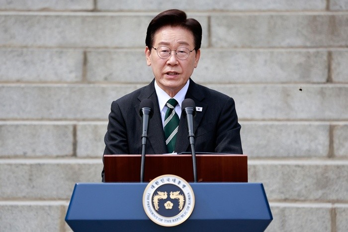 이재명 대통령이 28일 충남 아산시 현충사에서 열린 충무공 탄신 제481주년 기념행사에서 축사하고 있다. 2026.4.28/뉴스1