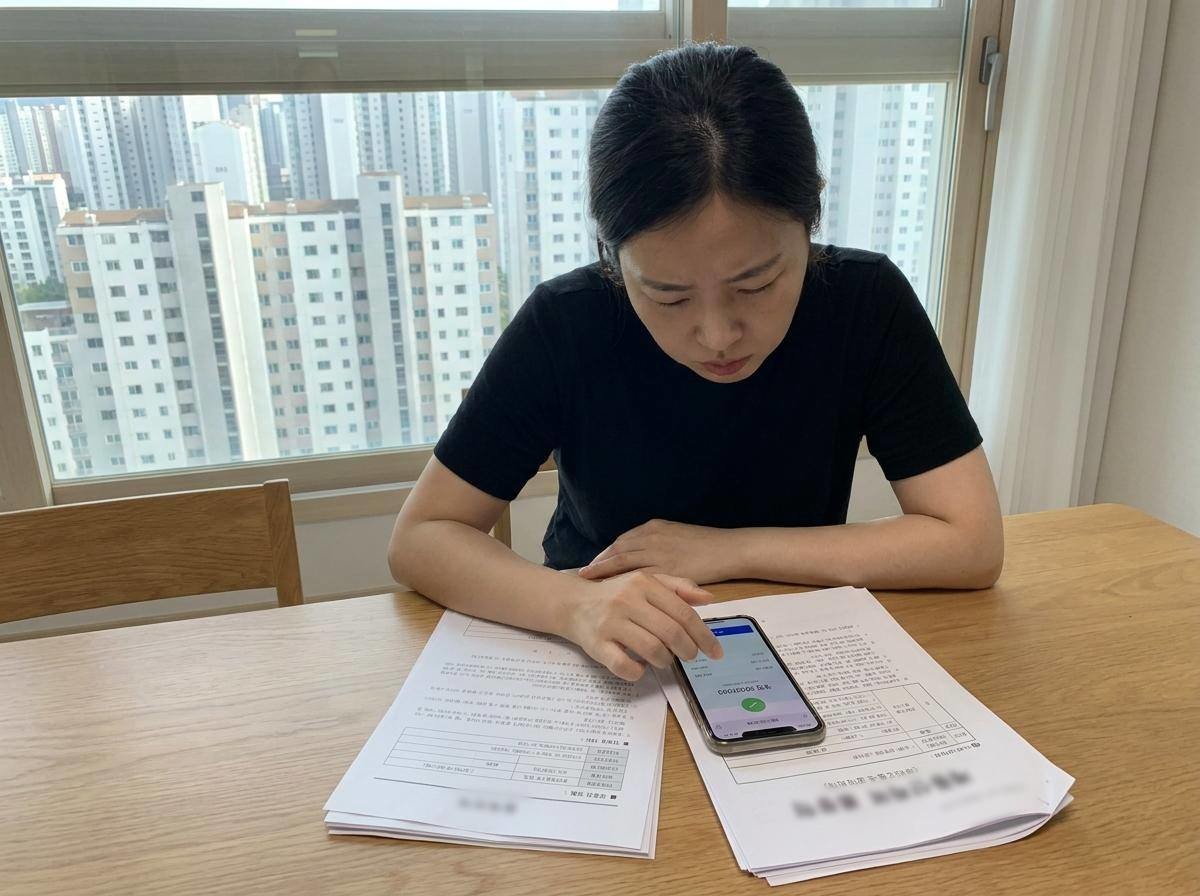 스마트폰 계좌 이체 내역이나 부동산 계약서를 보며 깊은 한숨을 내쉬고 있는 모습. 기사 내용 토대로 AI툴 활용해 제작한 자료사진.