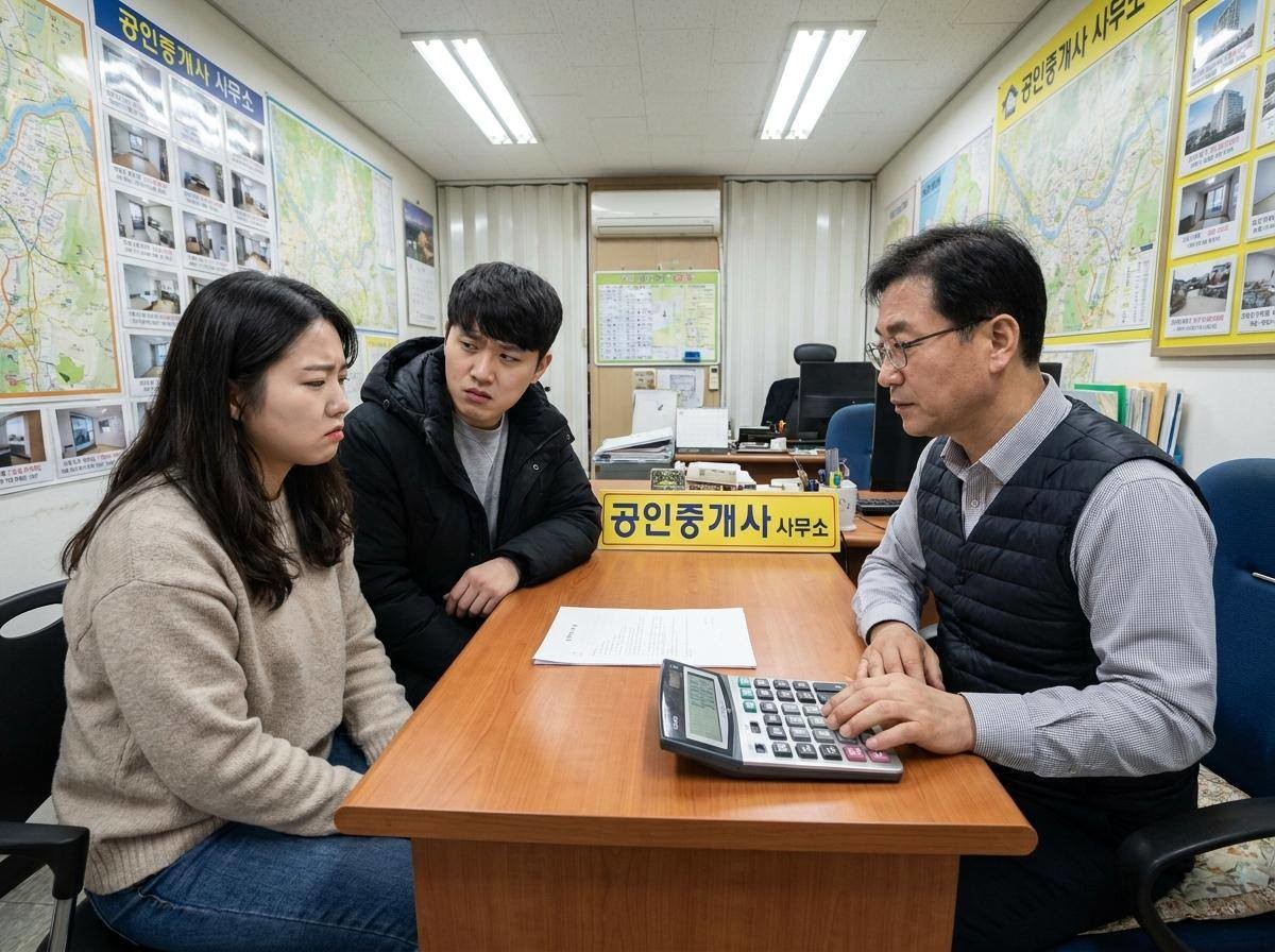 젊은 부부가 공인중개사와 마주 앉아 있는 모습. 기사 내용 토대로 AI툴 활용해 제작한 자료사진.