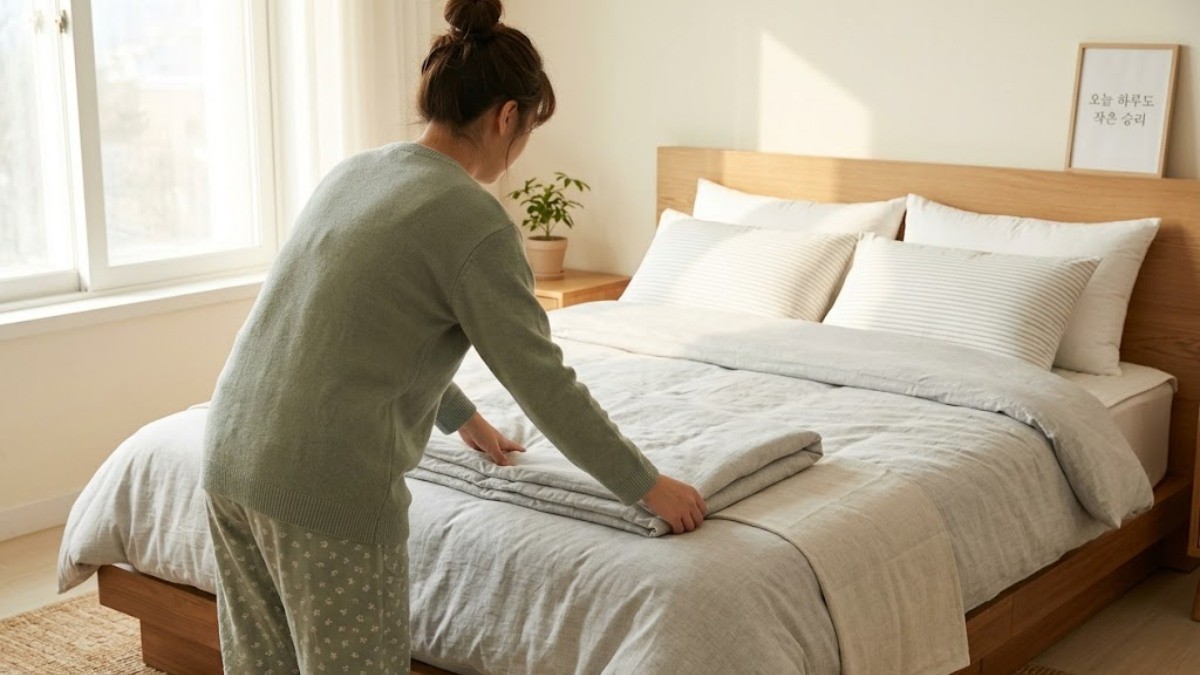 아침에 이불 정리하는 모습 / 기사 내용을 바탕으로 제작한 AI 이미지