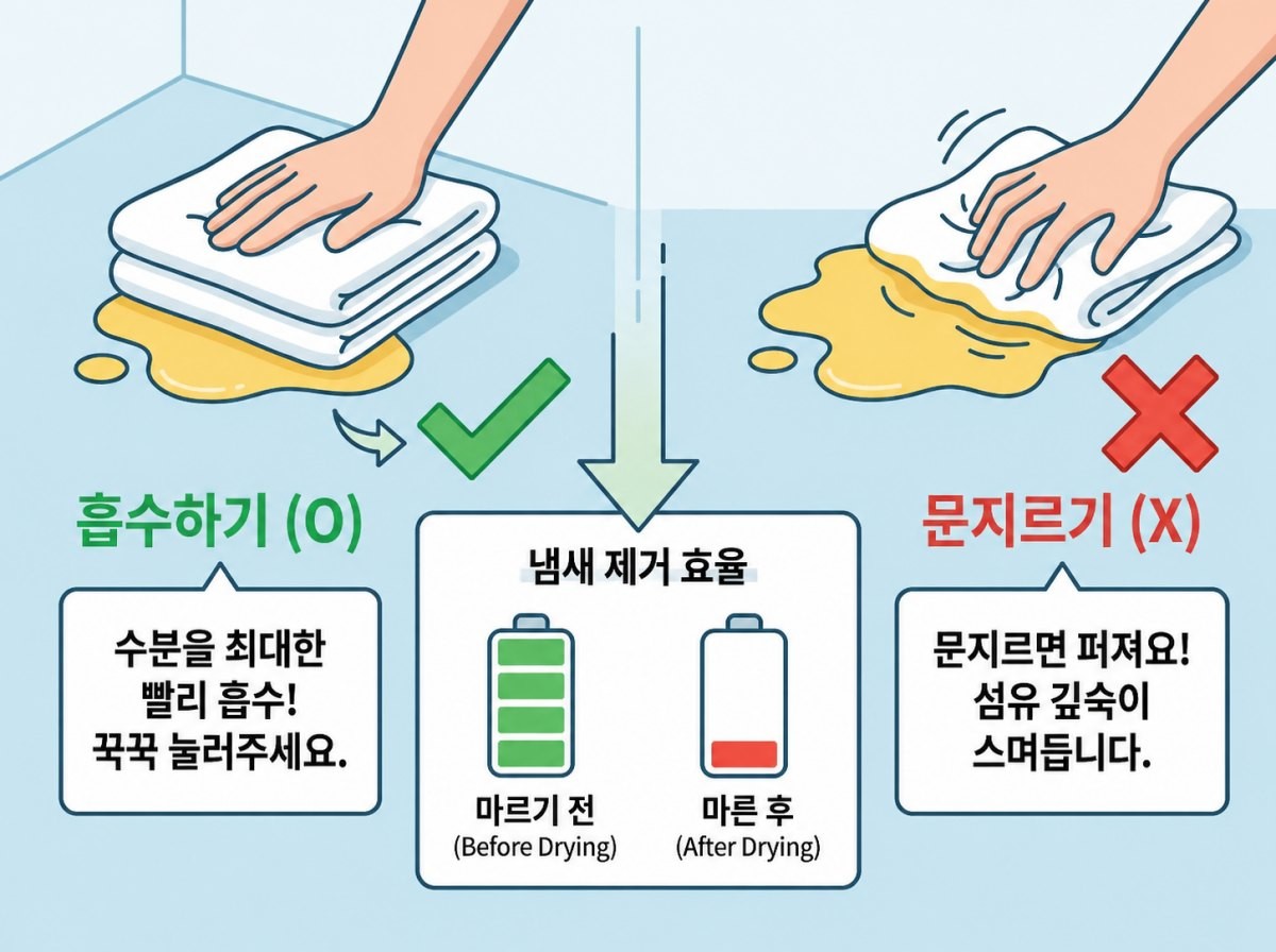 [삽화] 반려동물 소변은 문지르지 말고 흡수해야 한다. AI 제작.