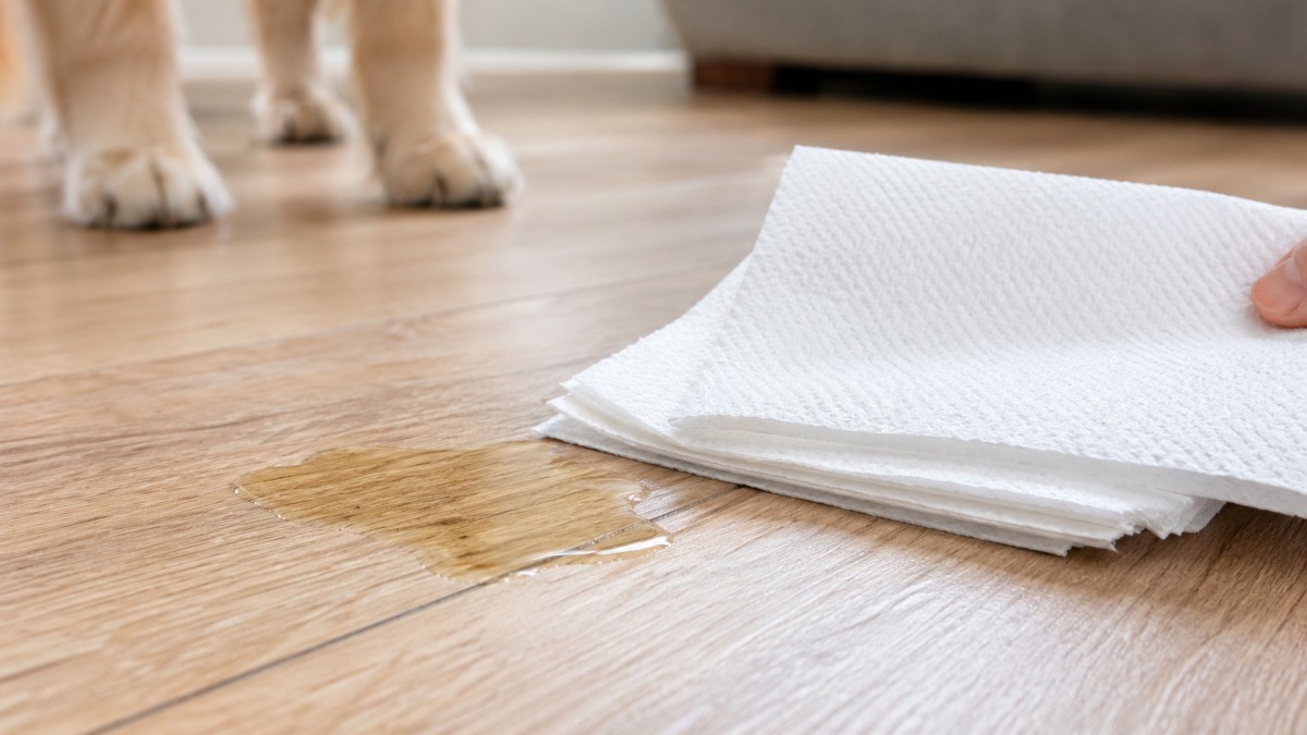반려동물 소변을 마른 천으로 닦는 모습. 기사 이해를 돕기 위해 AI로 제작한 자료 이미지.
