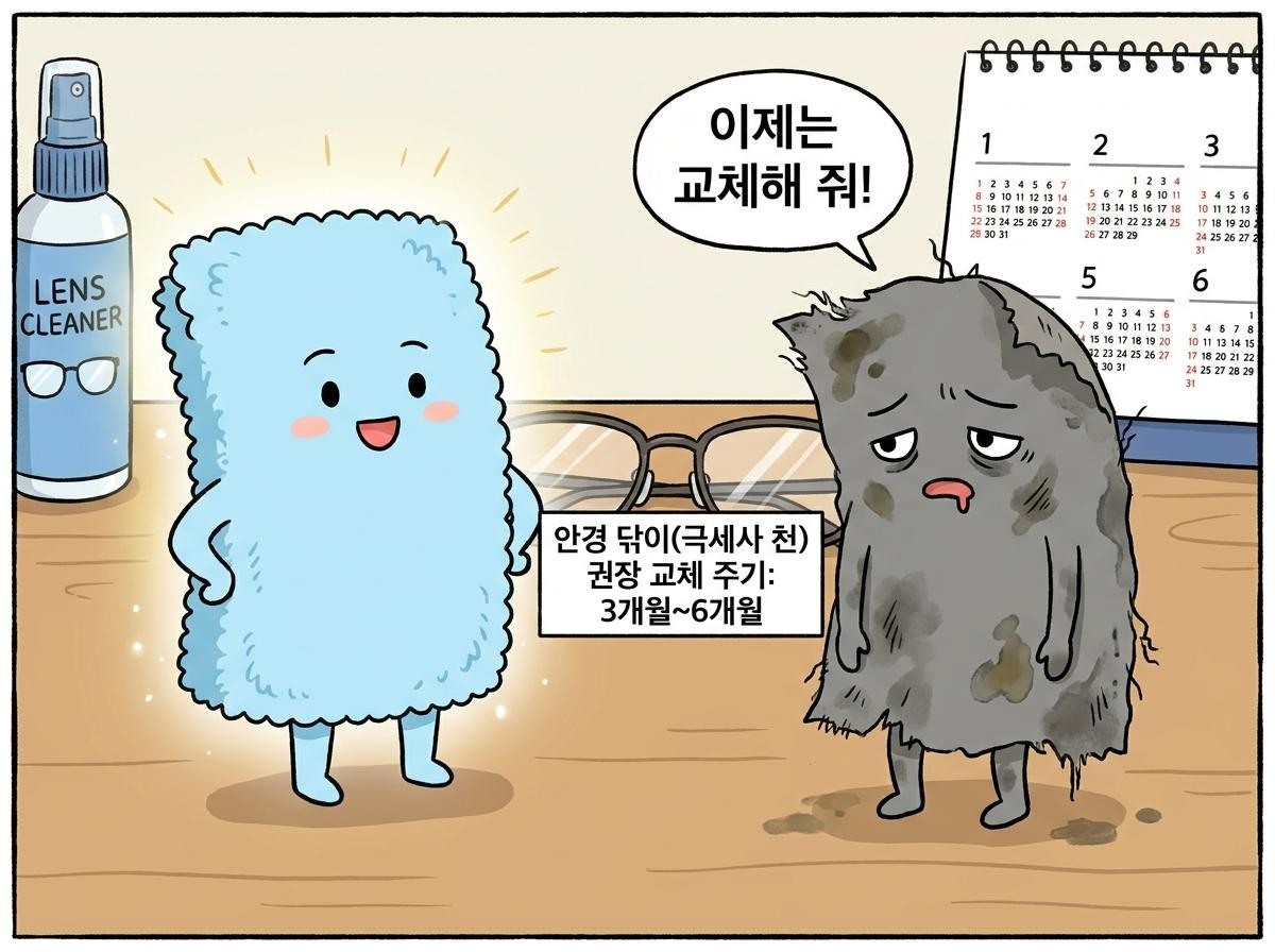 [삽화] 안경닦이는 주기적으로 교체해야 한다. AI 제작.