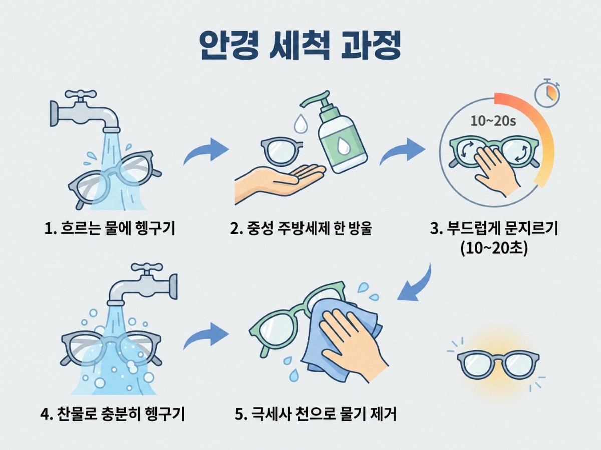 [삽화] 올바른 안경 세척 방법. AI 제작.