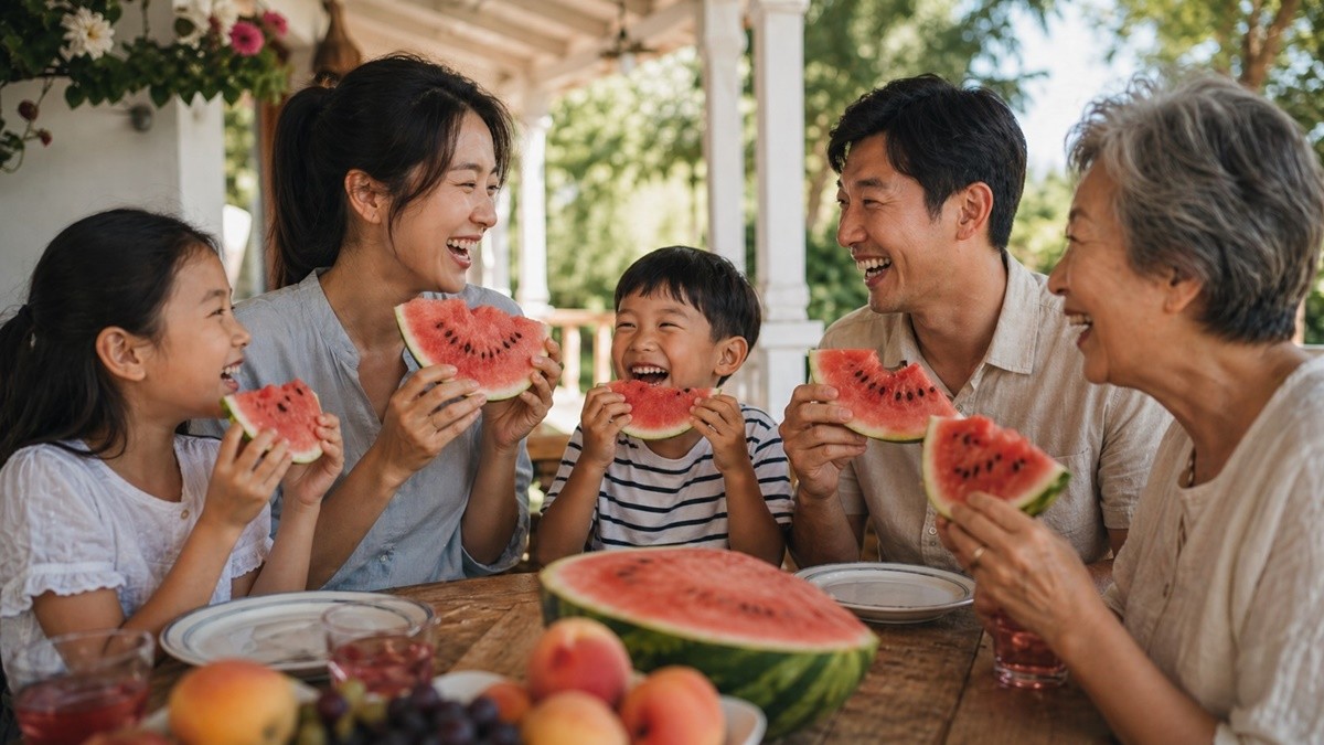 수박을 맛있게 먹는 가족 모습. 기사 이해를 돕기 위해 AI를 활용해 제작한 자료 사진. 실제 모습과 다소 차이가 있을 수 있음. 한국인의 여름 식탁에서 오랫동안 사랑받아 온 수박은 그대로 먹어도 훌륭하지만 소금을 아주 조금 곁들이면 익숙한 국민 과일이 또 다른 매력으로 다가올 수 있다. 소금 한 꼬집은 수박이 가진 달콤함과 청량감을 더 잘 느끼게 해 주는 데 도움이 된다.