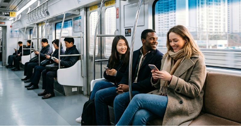 서울 지하철 객실 내부 모습. 다양한 국적의 승객들이 조용히 앉아 스마트폰을 보거나 대화를 나누며 이동하고 있다. / AI가 생성한 자료사진