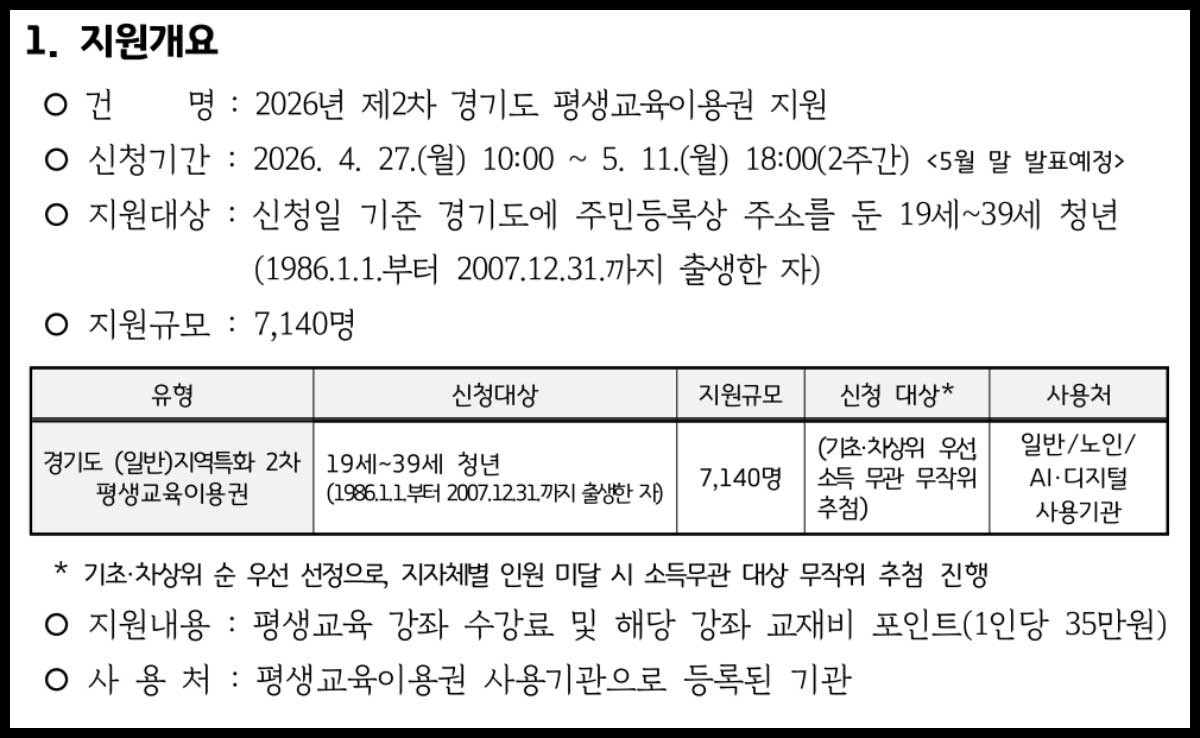 2026년 제2차 경기도 평생교육이용권 신청 접수 공고문. / 경기도 제공