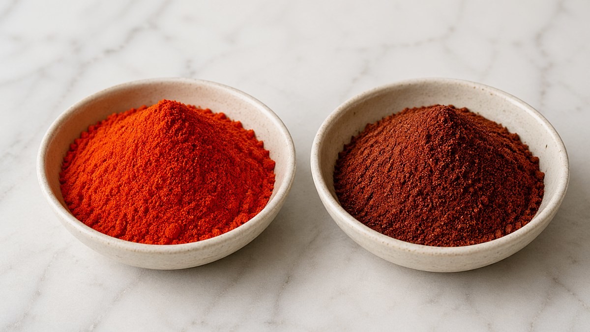 신선한 고춧가루와 오래돼 색이 어두워진 고춧가루. 기사 이해를 돕기 위해 AI로 제작한 자료 이미지.