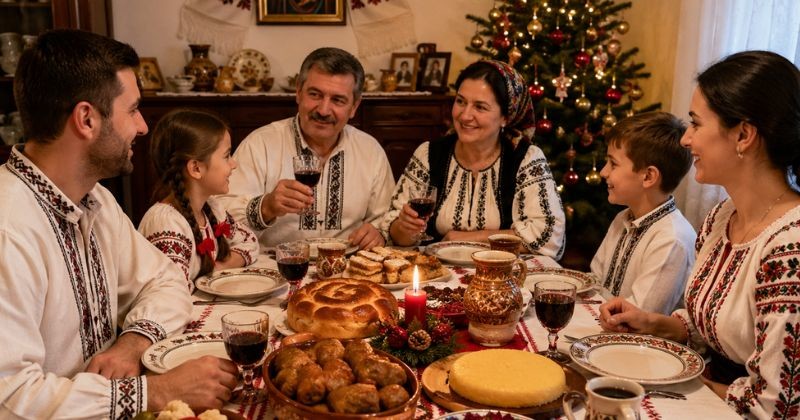 전통 자수가 놓인 의상을 입은 루마니아 가족이 크리스마스 트리 앞에서 풍성한 음식이 차려진 식탁을 둘러싸고 따뜻하게 건배를 나누는 모습이다 / AI가 생성한 자료사진