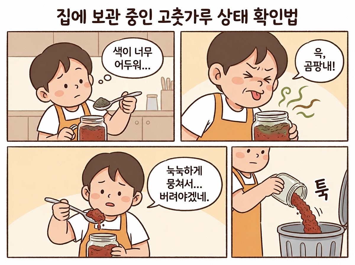 [만화] 고춧가루 상태를 확인할 때는 색과 냄새, 질감을 차례로 살피는 것이 좋다. AI 제작.