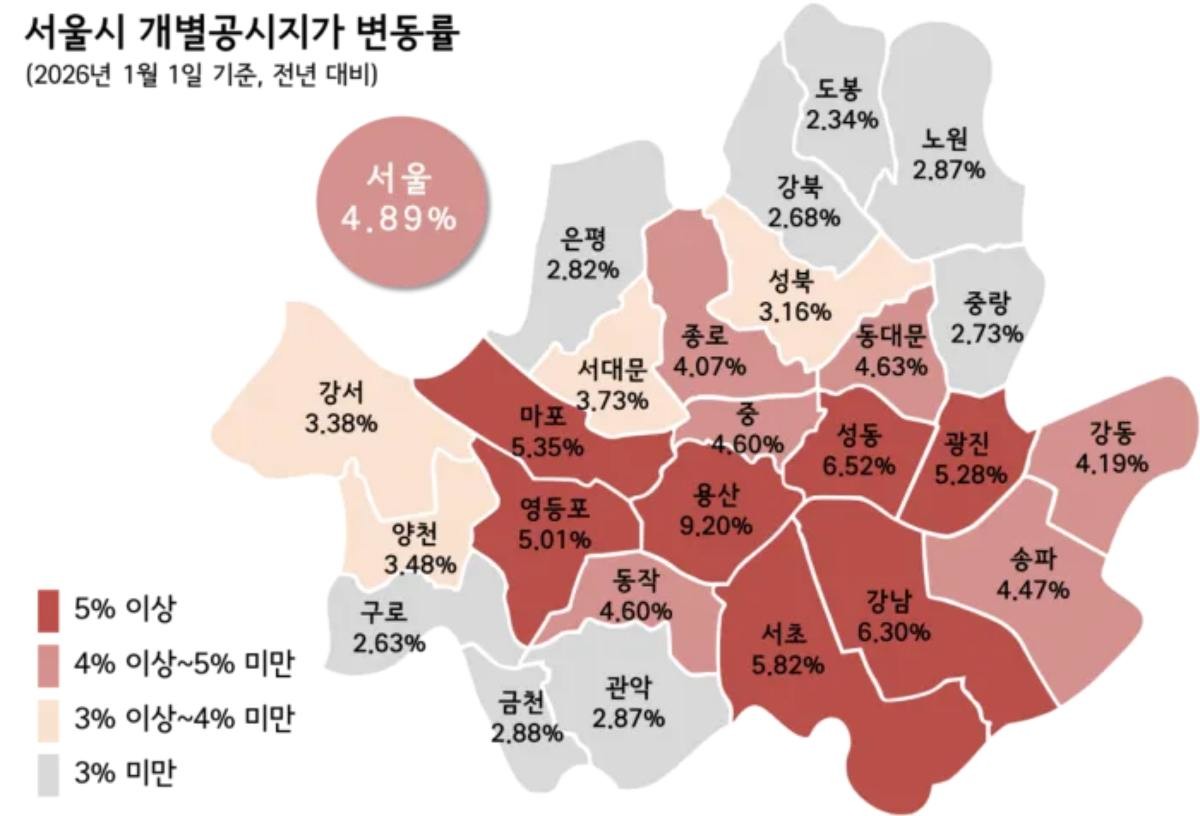 서울시 2026년 개별공시지가 변동률.  / 서울시