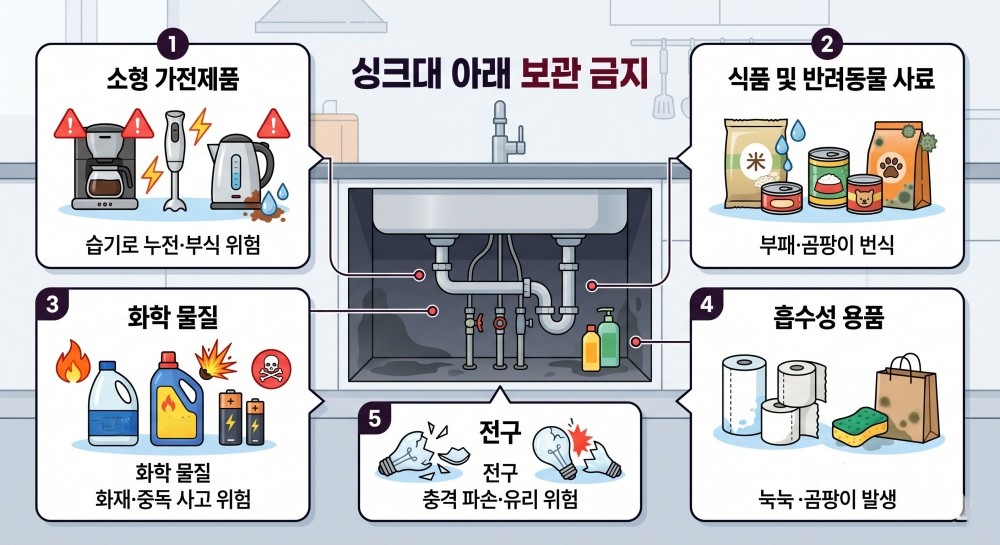 [인포그래픽] 싱크대 아래에 보관하지 않는 것이 좋은 물건을 확인해두면 좋다. AI로 생성된 이미지. / 위키트리