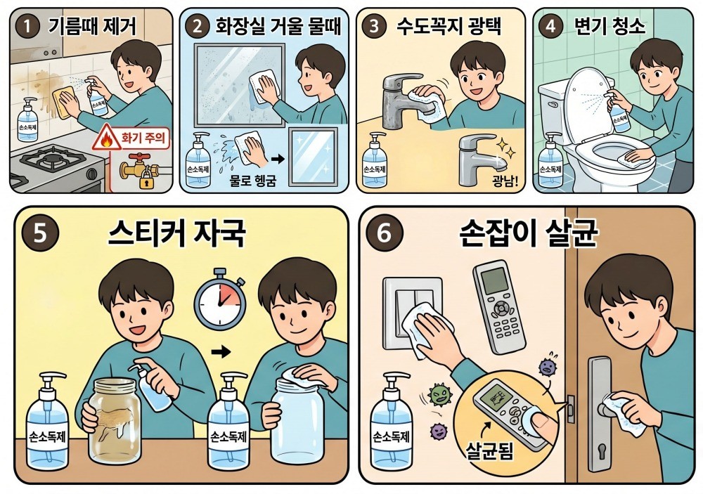 [만화] 손소독제는 기름때 제거, 물때 제거, 수전 및 변기 청소, 스티커 자국 제거 등에 활용할 수 있다. 또한 손이 자주 닿는 조명 스위치, 리모컨, 문 손잡이 등 세균이 번식하기 쉬운 곳에도 이용할 수 있다. 단, 에탄올은 가연성 물질이므로 사용 시 불을 가까이해서 안되며 화기에도 사용하지 않아야 함을 꼭 알아두자.AI로 생성된 만화 이미지. / 위키트리