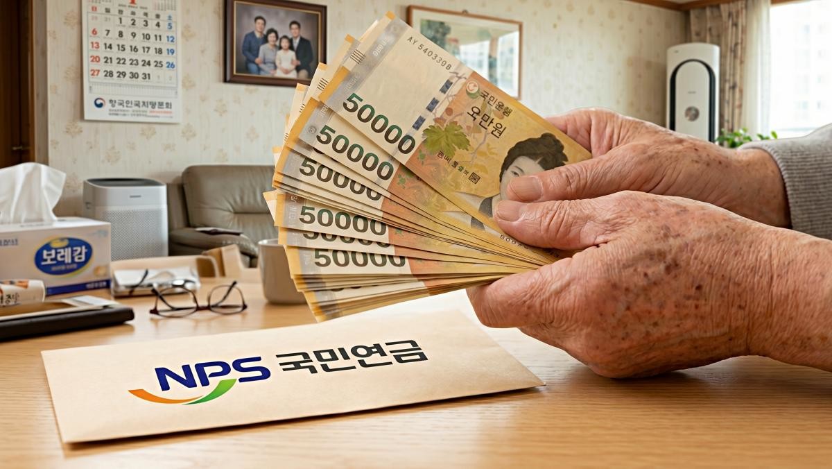 국민연금 봉투 옆 5만 원권 뭉치를 쥔 주름진 손. 기사 내용 토대로 AI툴 활용해 제작한 자료사진.