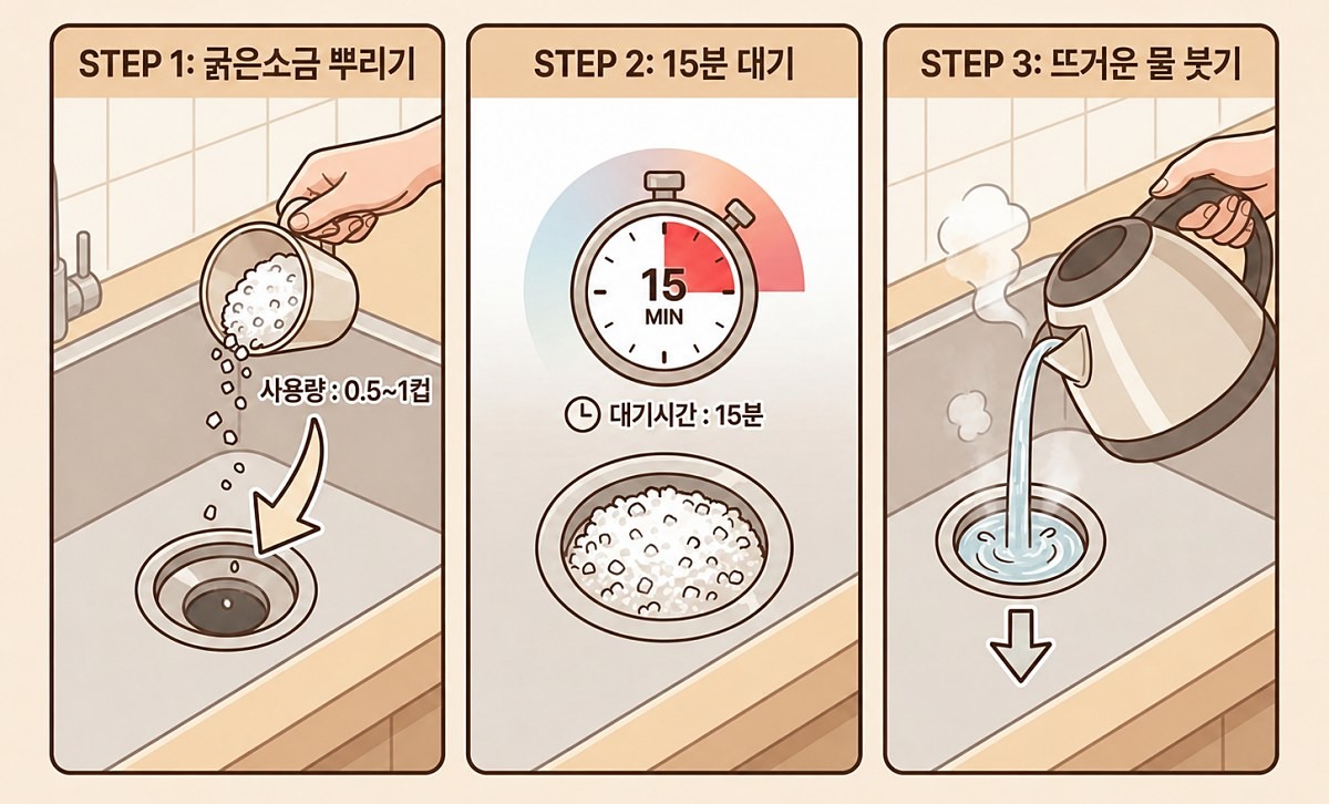[삽화] 배수구에 소금을 뿌린 뒤, 뜨거운 물을 천천히 부어준다. AI 제작.